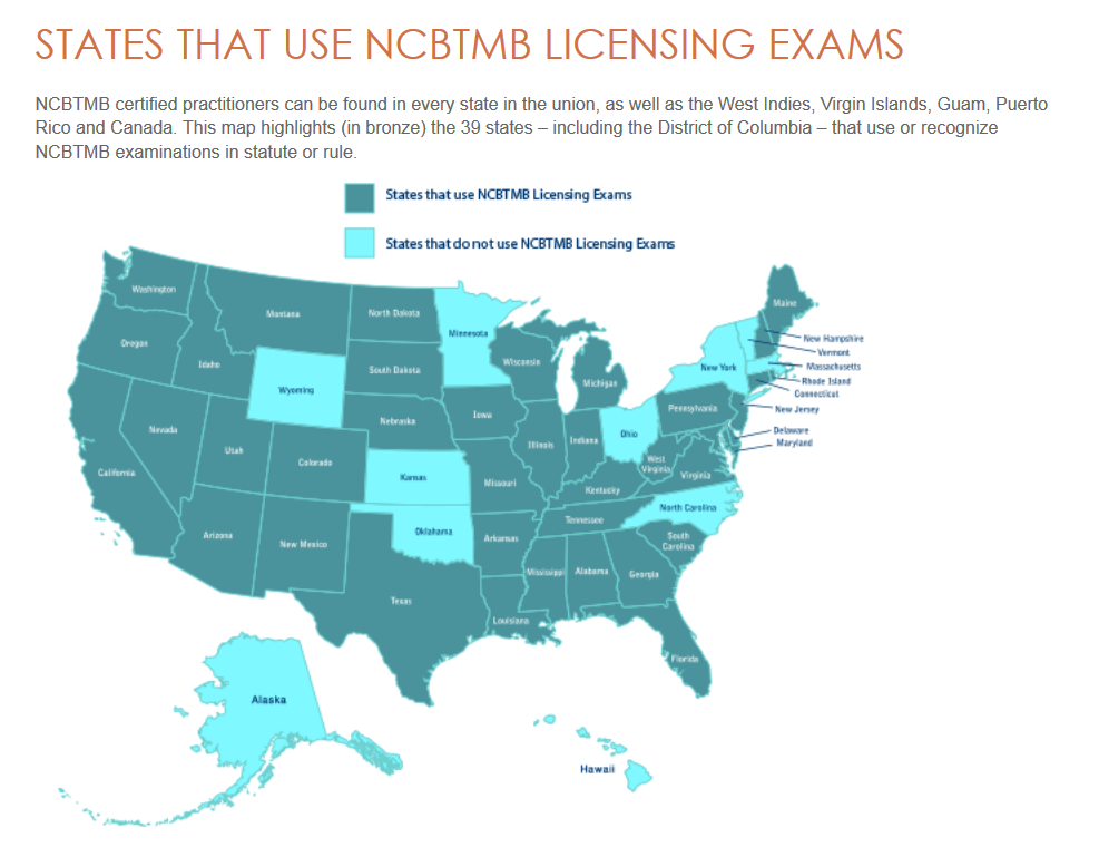 States that require NCBTMB exams”. National Certification Board for Therapeutic Massage and Bodywork